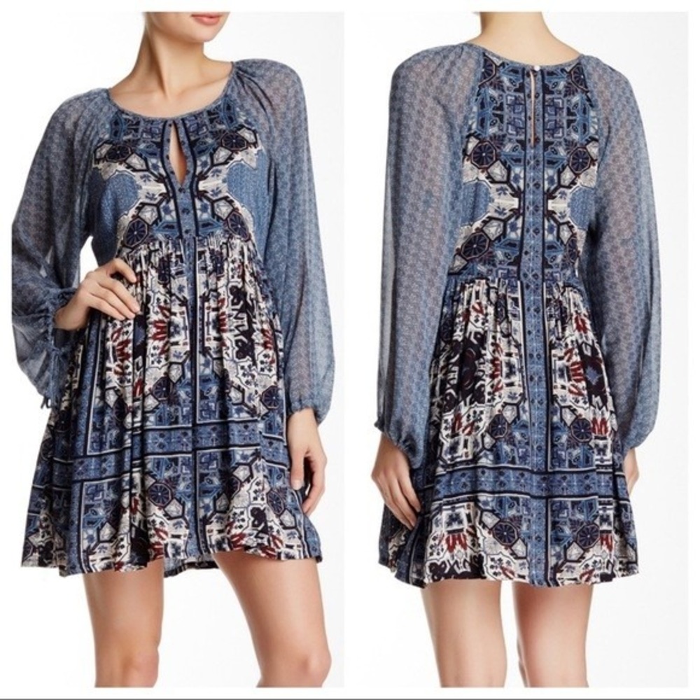 Free People Blue Geometric Tile Print Balloon Sleeve Mini Dress Size 0